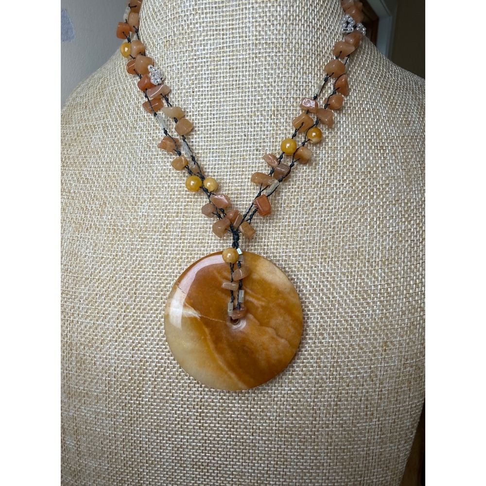 Handmade Amber Carnelian Sunstone Donut Pendant Necklace Boho Earthy Artisan 80s